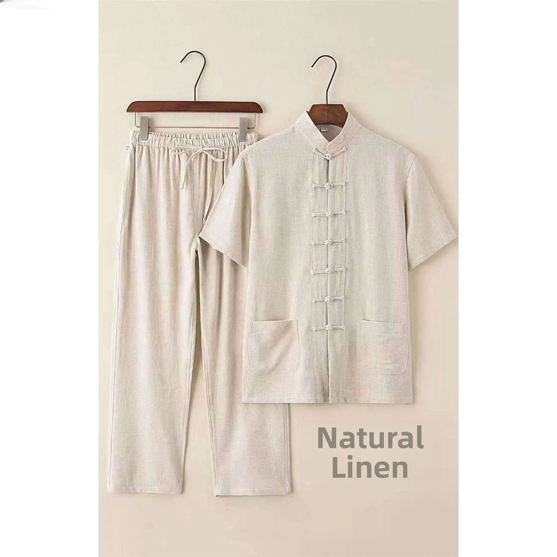 

Men's Cotton Linen Set New Chinese Style Stand Collar Button Shirt Thin Zen Study Tea Clothing Tang Suit Tai Chi Suit