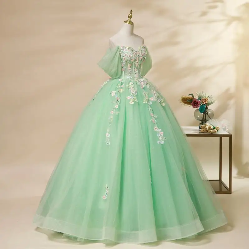 Off Shoulder Colorful Gauze Evening Gown Lace Adult Ceremony Fluffy Skirt Annual Party Performance Costume Plus Size Customized