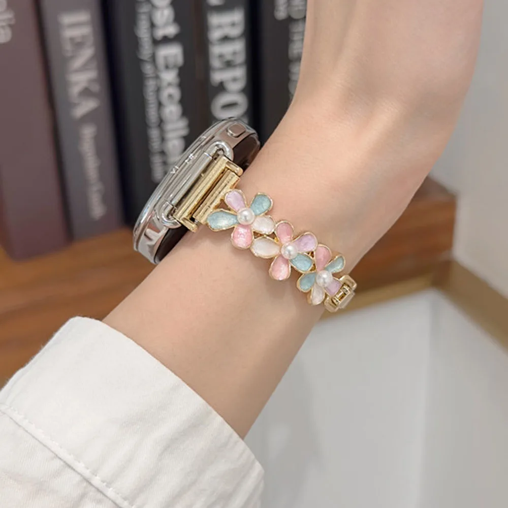 Sweet Pastel Flower Strap for MiBand 8 9 10 Ladies Shiny Crystal Rhinestone Adjustable Girls Bracelet Wristband for Xiaomi 10 98