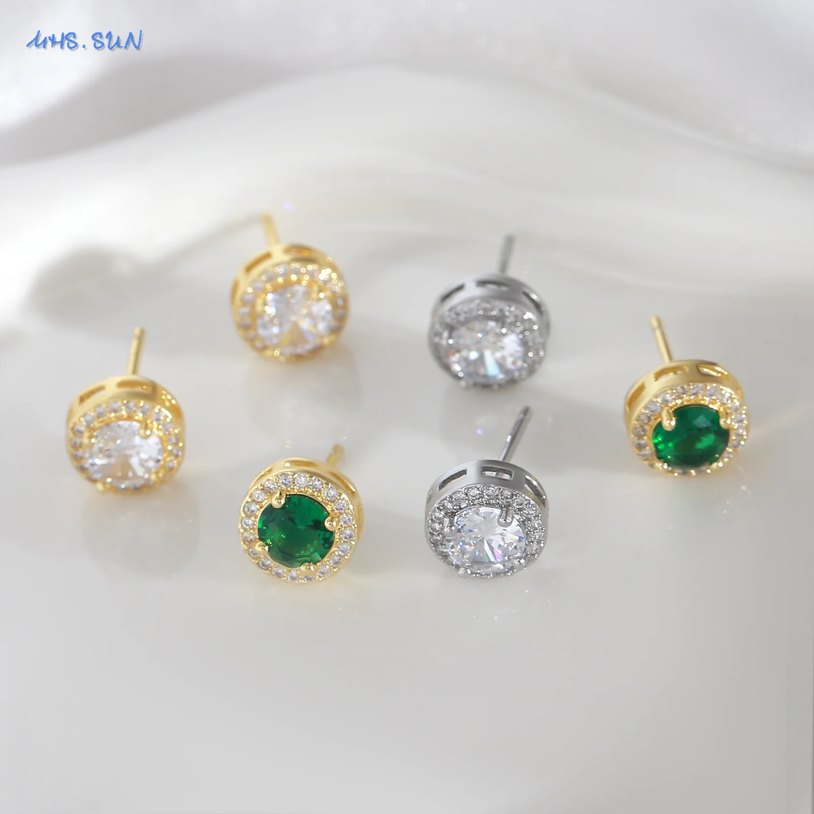 MHS.SUN 10mm White Green Cubic Zirconia Round Stud Earrings for Women Fashion Classic CZ Female Wedding Engagement Jewelry Gift