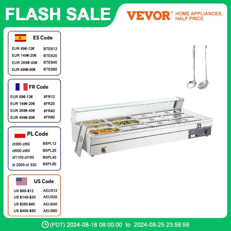 VEVOR 12-Pan Commercial Food Warmer,12 x 8Qt Electric Steam Table w/ Tempered Glass Cover, 1800W Stainless Steel Buffet Bain