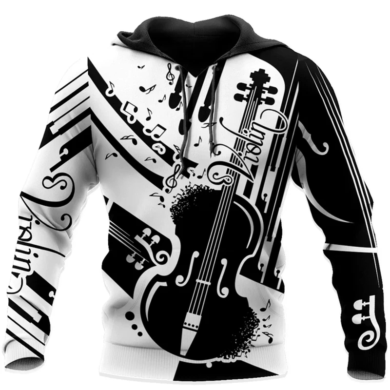 2024 Spring And Autumn New Men's Fashion 3D Violin Printed Hooded Sweatshirts Hoodie Loose Casual Daily Street Sweater Tops Coat