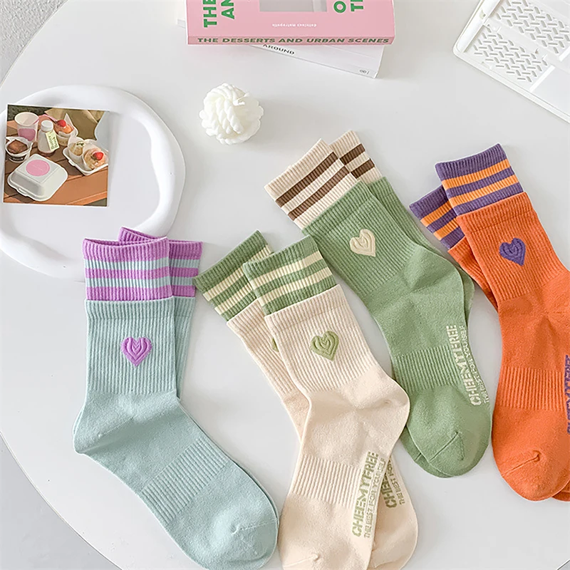 Japanese Sweet Style Women Socks Macaroon Color Love Heart Embroidered Cotton Sock Harajuku Striped Calcetines