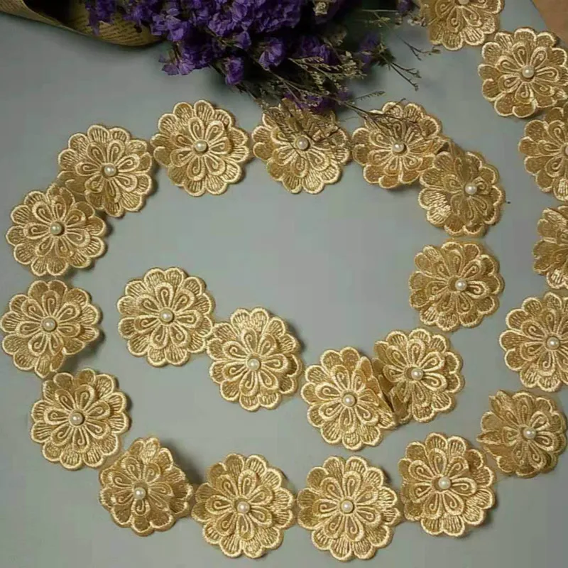 1 yard Gold Pearl Beaded Embroidered Flower Lace Trim Floral Applique Patches Fabric Sewing Craft Vintage Wedding Dress