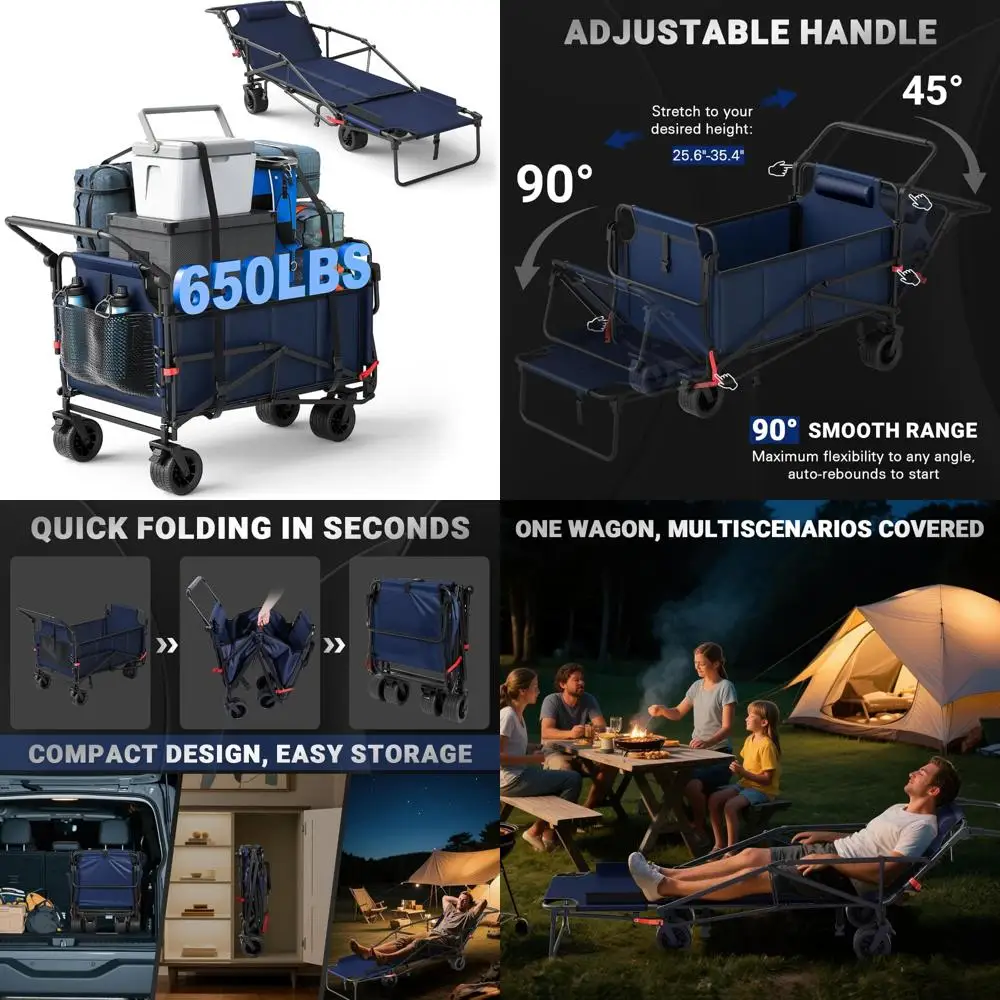 Heavy Duty Collapsible Cart with 650lb Capacity, All-Terrain Wheels, Brakes, and Side Pockets - 2-in-1 Utility Wagon for Outdoor