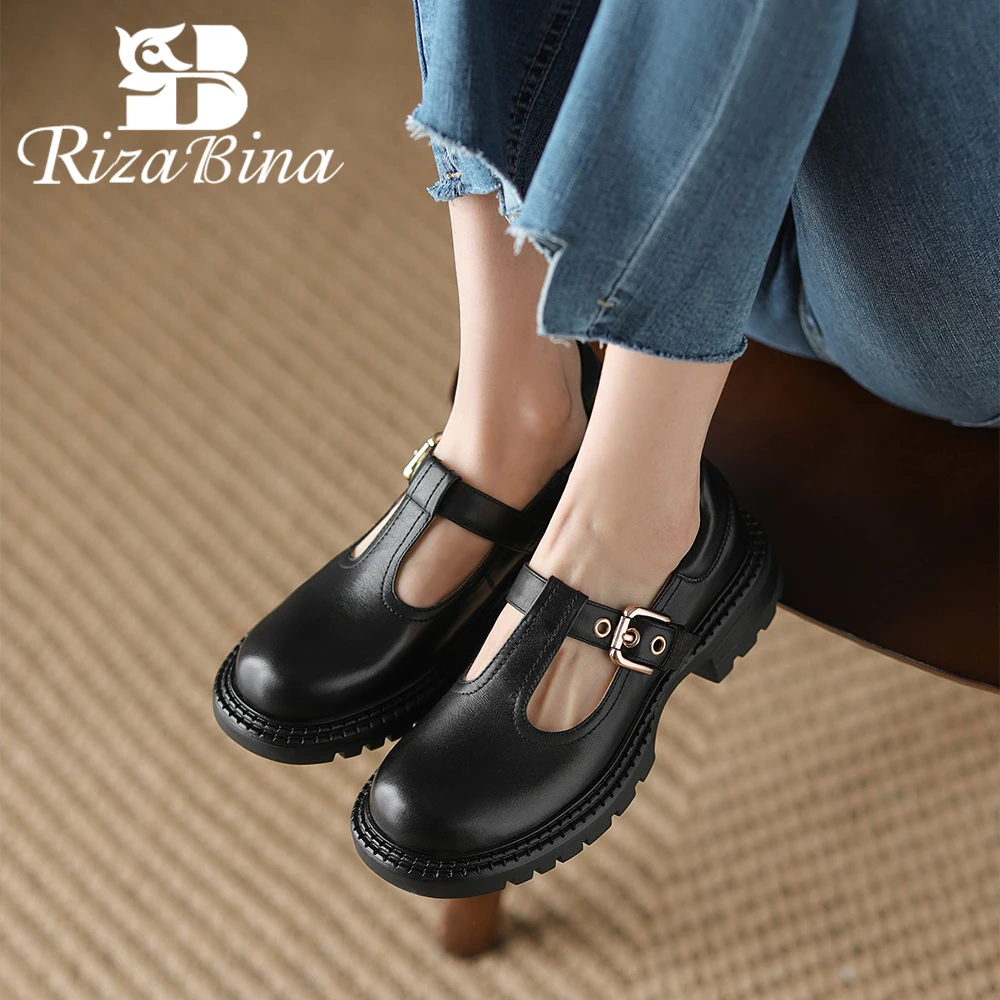 

RIZABINA Genuine Leather Women Platform Loafers Fashion T-strap Round Toe Chunky Heel Shoes Female Daily Leisure Shoes Handmade