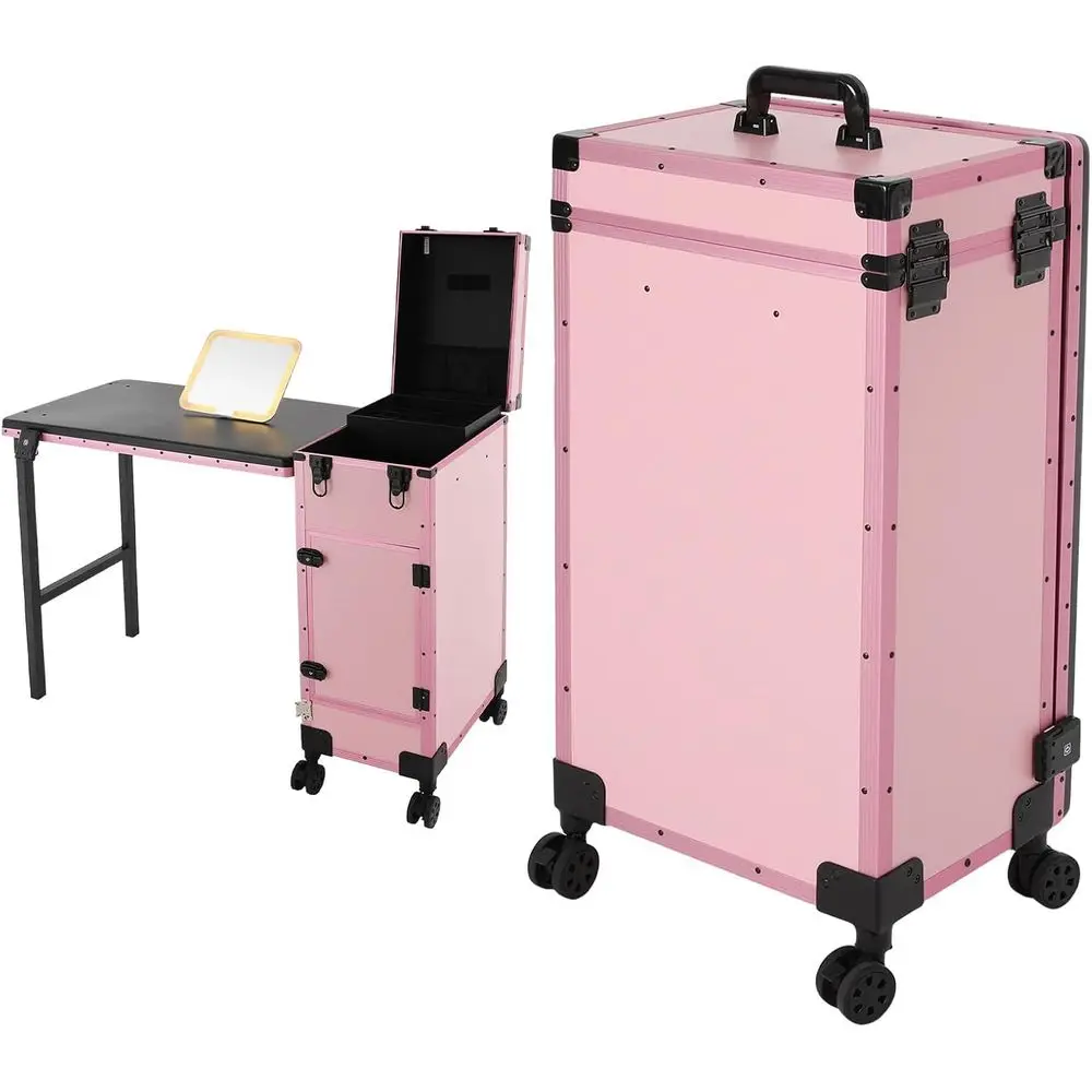 

Portable Rolling Nail Table with 3 Drawers, LED Mirror & Organizer, Lockable Makeup Train Case on Wheels (Pink)