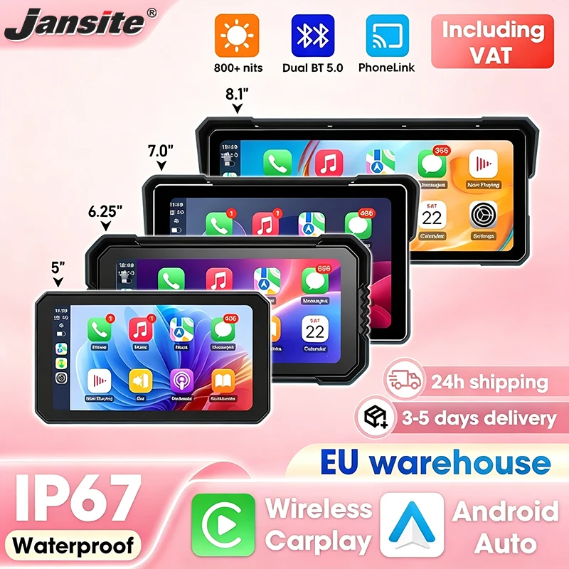 Schermo per moto Jansite da 7,0 pollici, navigatore GPS per moto con CarPlay e Android Auto wireless, schermo portatile per cruscotto moto impermeabile IP67, doppio Bluetooth 5.0, supporto per