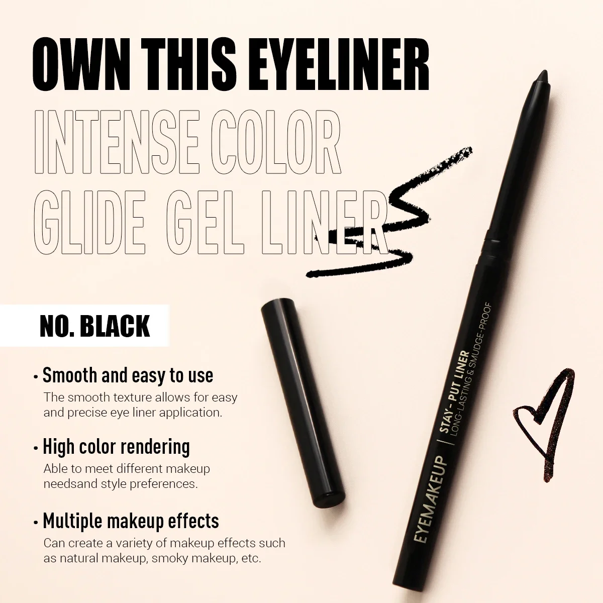 2pcs Waterproof Black Eyeliner Gel Pencil Lasting Natural Smooth Easy Wear Matte Quick Drying Non-Smudge Eyeliner Gel Pen Makeup