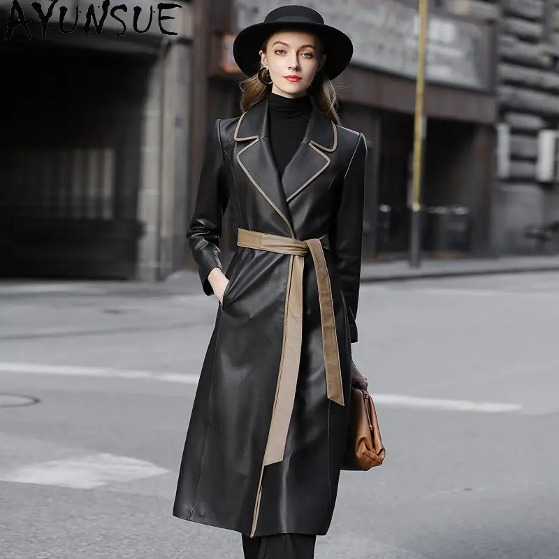 

AYUNSUE Genuine Leather Jacket for Women Fall Winter Sheepskin Jackets Belt Leather Coats Trench Long Coat Chaqueta Cuero Mujer