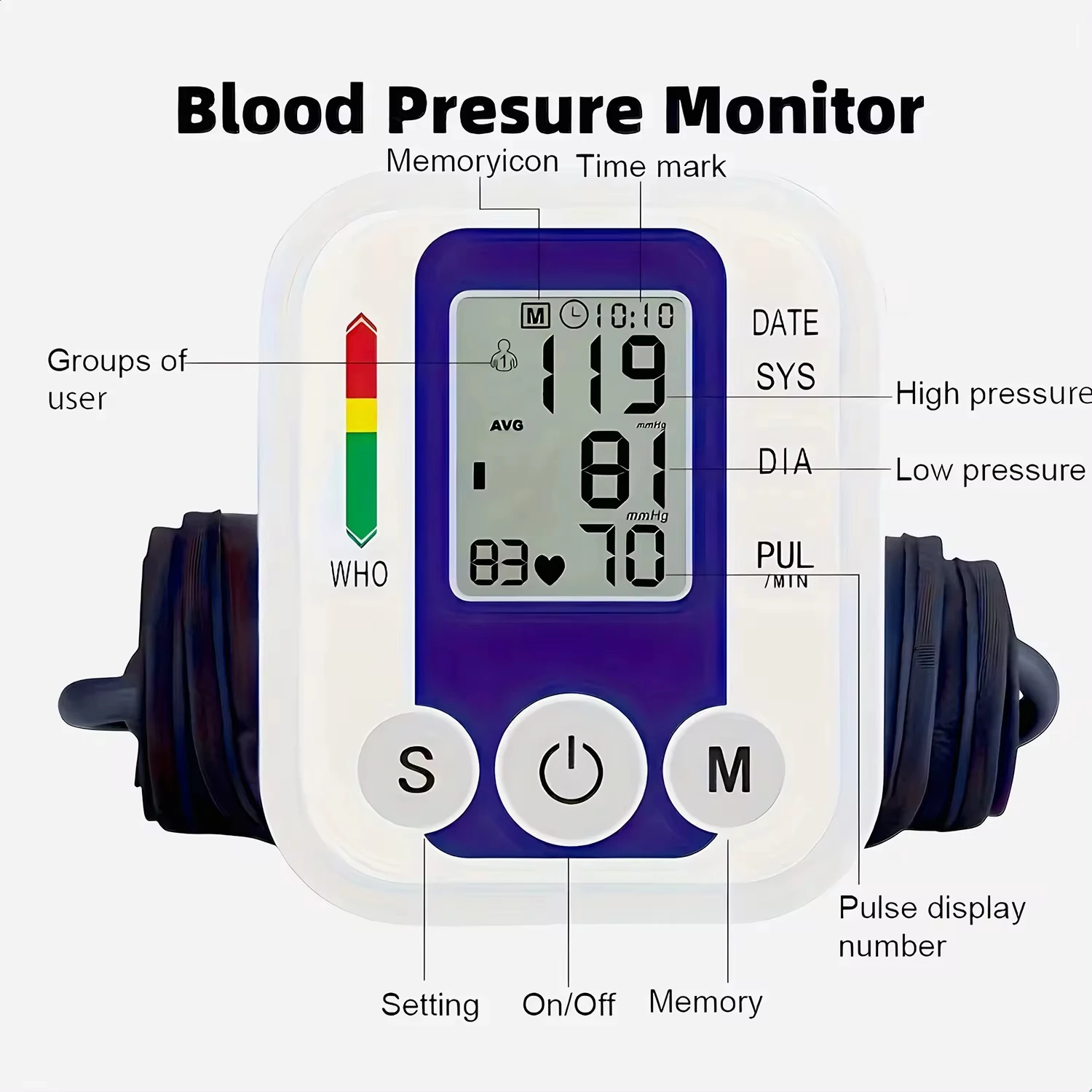 LCD Portable Health Care Pulse Meter BP Monitor Automatic Digital Arm Blood Pressure Monitor Tonometer Meter Sphygmomanometer