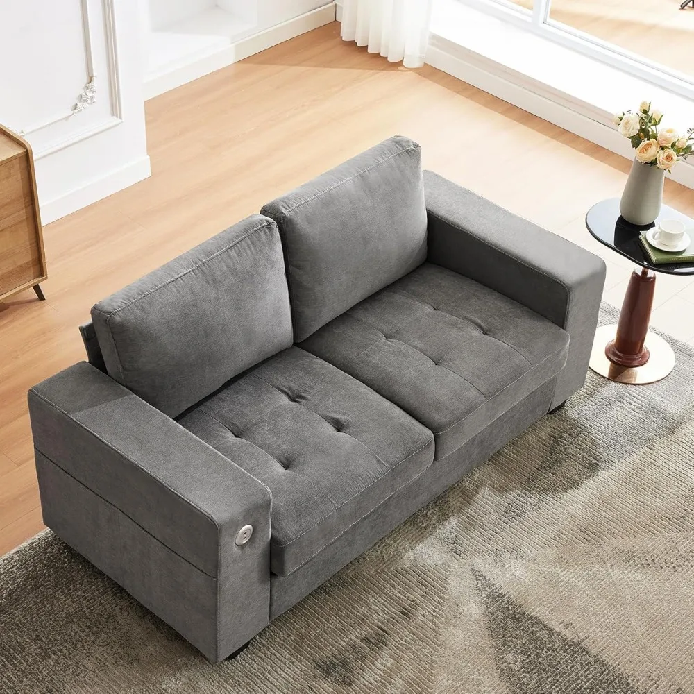 

70" Oversized Living Room Arm Couch, Mid Century Modern Chenille Love Seat Sofa, with USB Charging Ports & Side Pockets and Wood