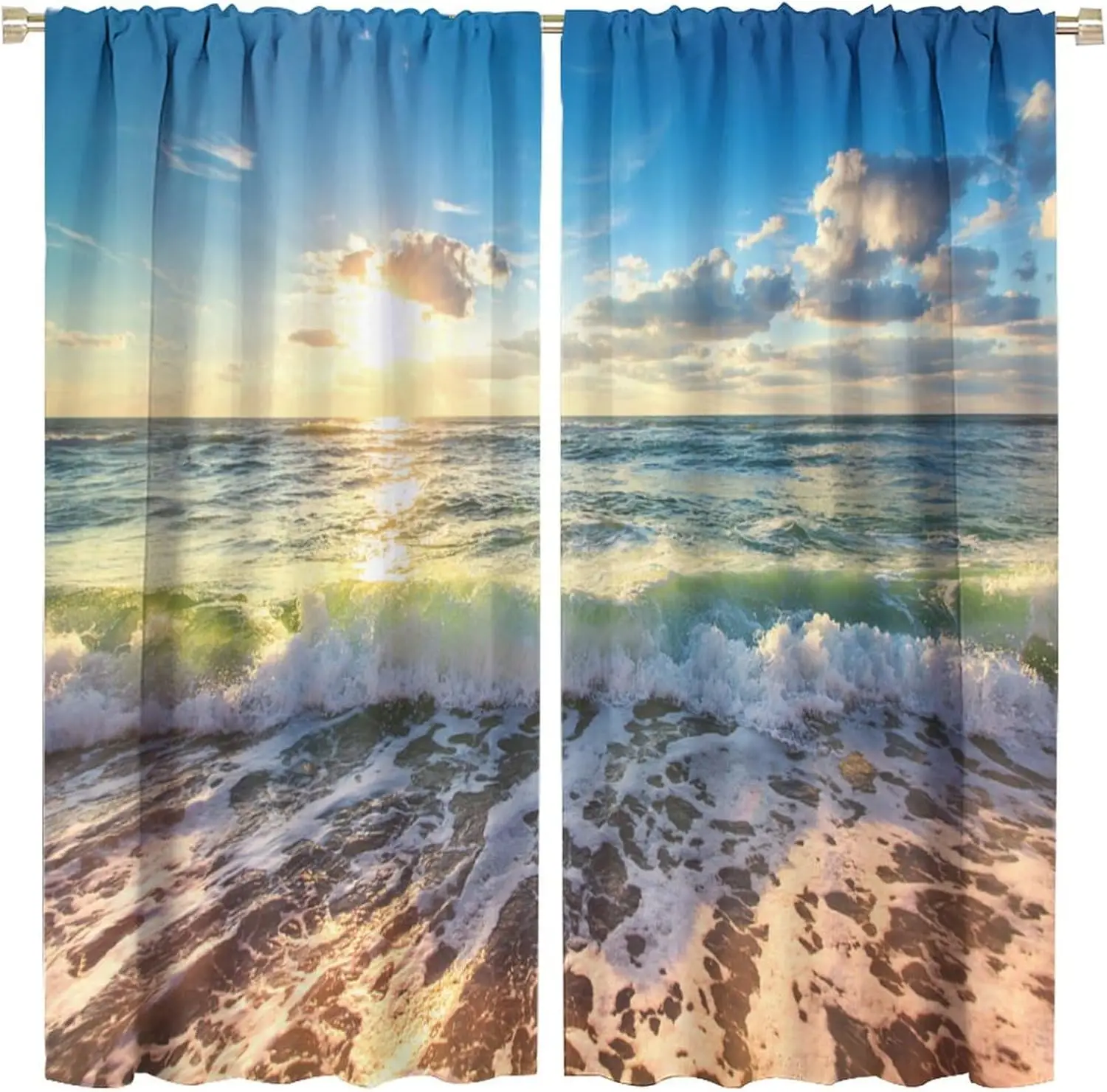 Natural Ocean Scenery Curtains, Vacation Theme Rough Sea Wave Coastal Beach Under Sunset Light, Blackout Thermal Insulation Rod