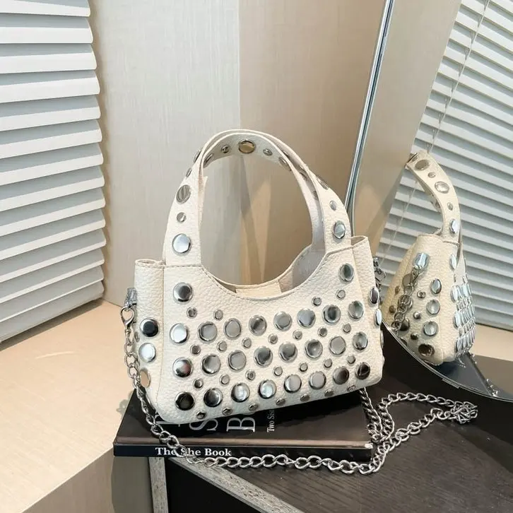 

2026 Spring New Studded Bucket Bag, Top Handle Underarm Shoulder Bag, Edgy Work Commute Purse for Women Ladies Hand Bags