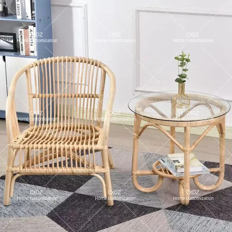 Natural Rattan Chair 3 Piece Set Outdoor Patio Furniture Balcony Leisure Recliner for Elderly Bed and Breakfast Customizable