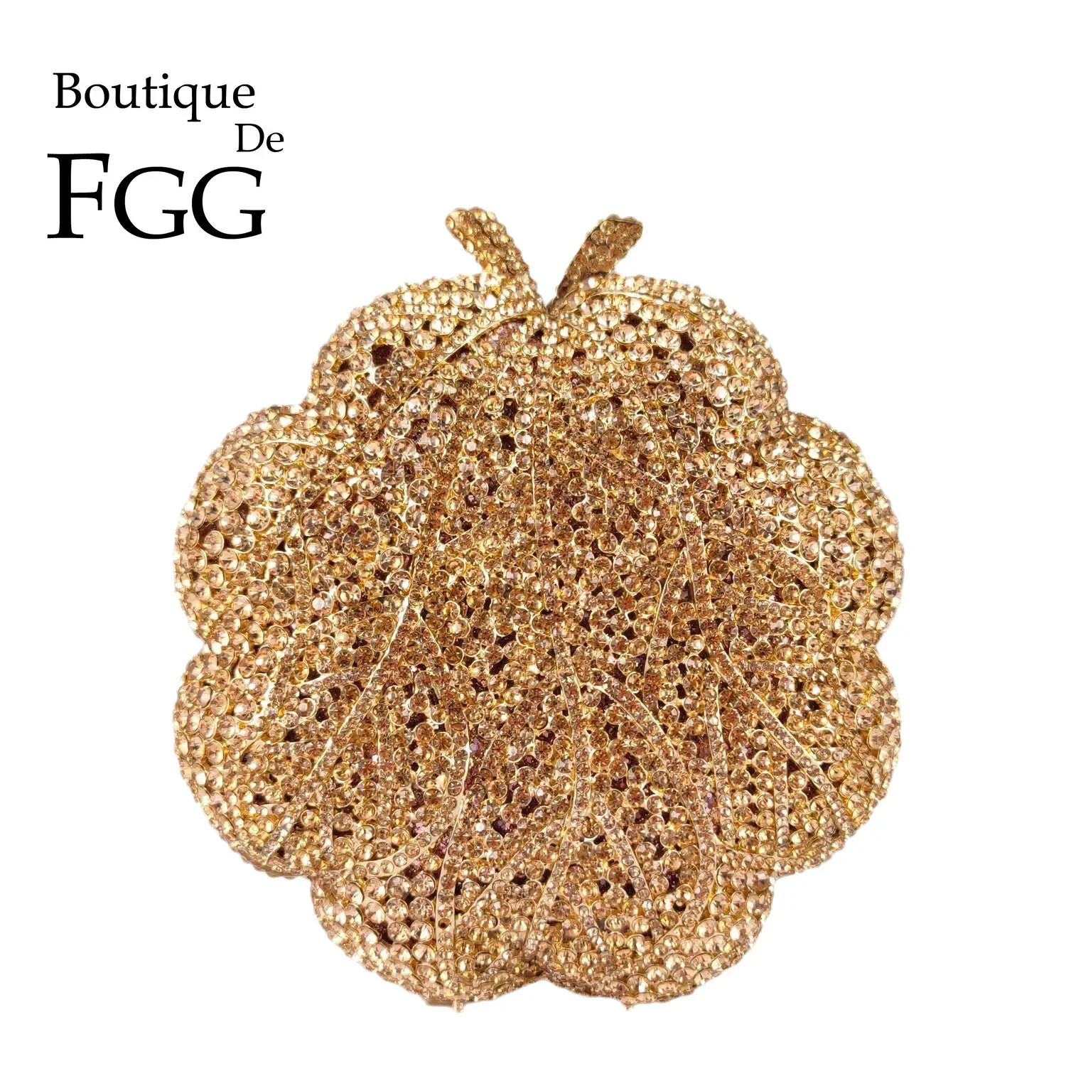 

Boutique De FGG Rose Flower Women Rosegold Evening Handbag Champagne Crystal Clutch Purse Round Floral Wedding Bridal Clutch Bag