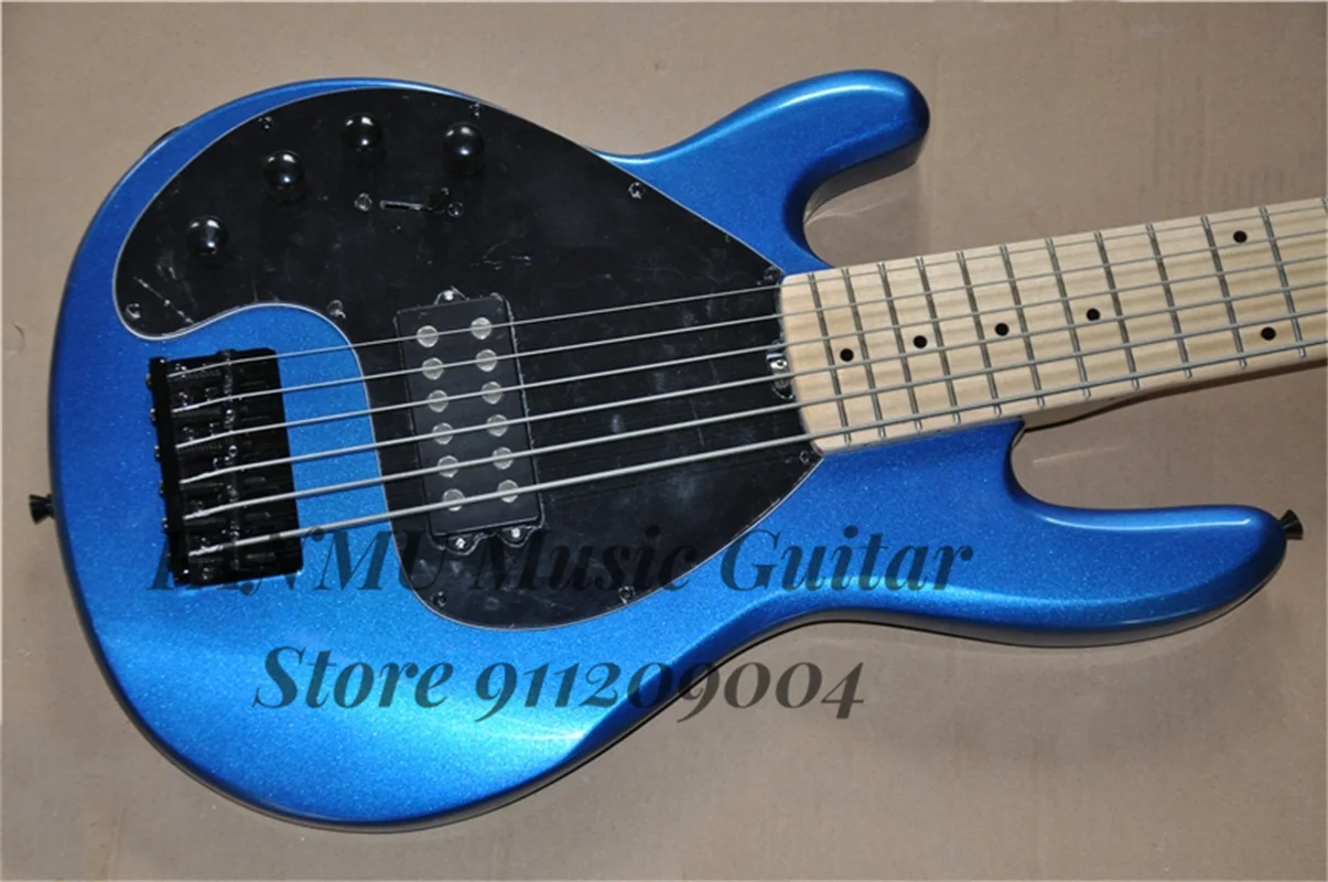 Left Hand Bass Guitar 6 Strings Metal Blue Bass Ray Body Maple Fingerboard 21 Frets Black Pickguard Fixed Bridge Black Tuners