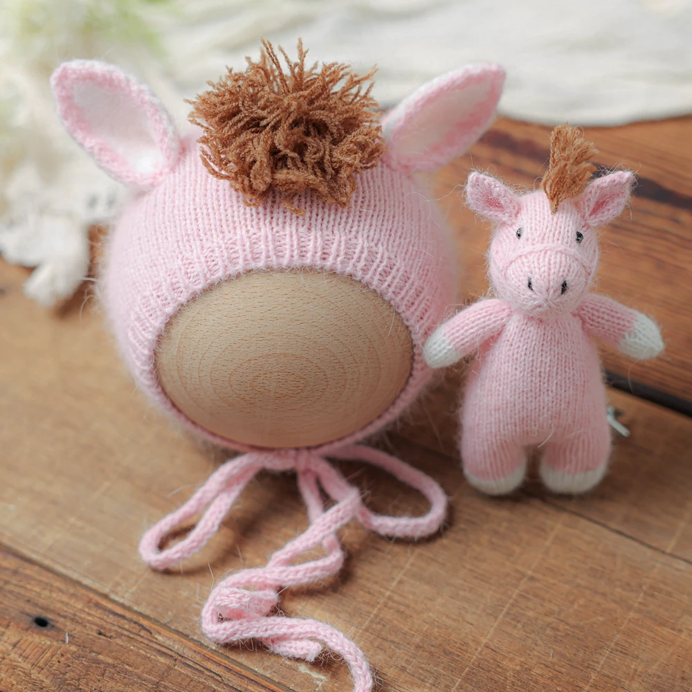 Knitted Horse Hat with Doll Newborn Photography Props Animal Baby Beanie Hat Cute Newborn Photo Bonnet Photoshoot Accessories - view 5
