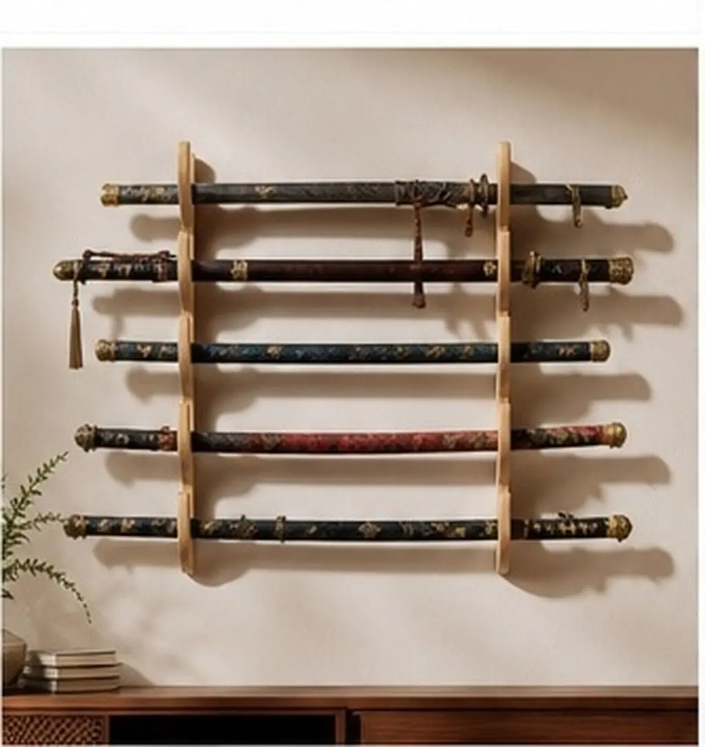 5 Tier Wooden Display Wall Mount Solid Wood Construction Smooth Surface Stand Wall Holder for Swords Flutes Fishing