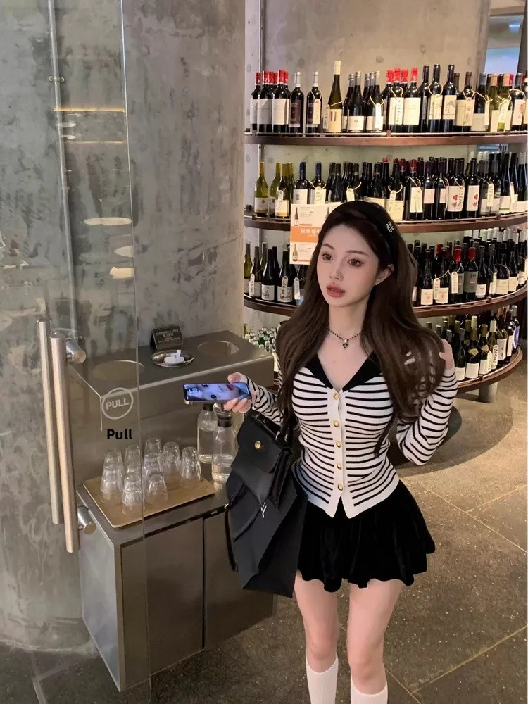 

Полосатый темно-синий воротник, длинный вязаный открытый кардиган, женский облегающий базовый топ Sweet And Spicy Girl Sle на осень