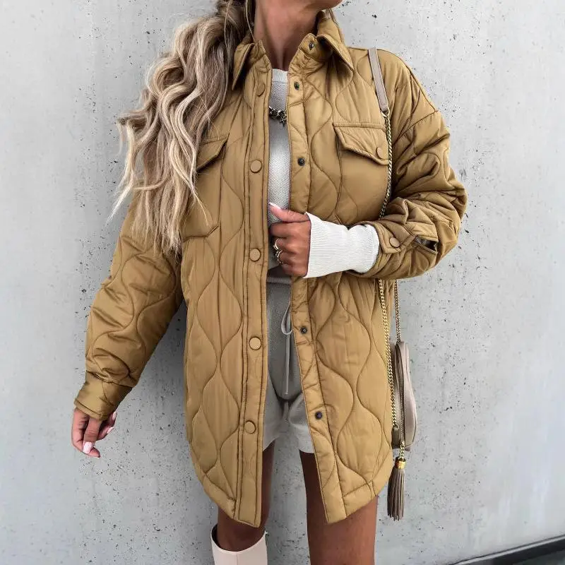 Plaid revers simple coton Jaet Long Sve régulier Sve Sle hiver chaud flanelle coton manteau femme Faion