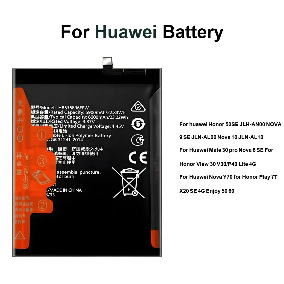 Batería para Huawei Mate 30, Honor 50SE, 7T Play, View 30, Nova Y70, 6, 9, 10 SE, Jln-AL00, 10 4G Pro Lite, HB486586ECW, HB426493EFW