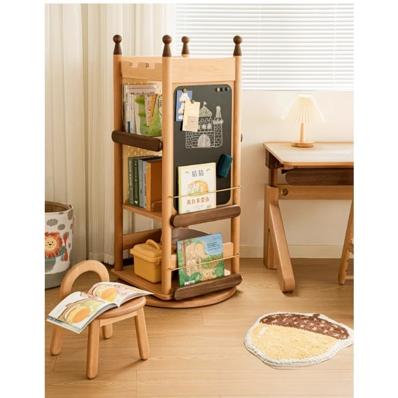 All solid wood  bookshelf 360-degree rotating picture book rack with drawing board hole board DIY storage rack