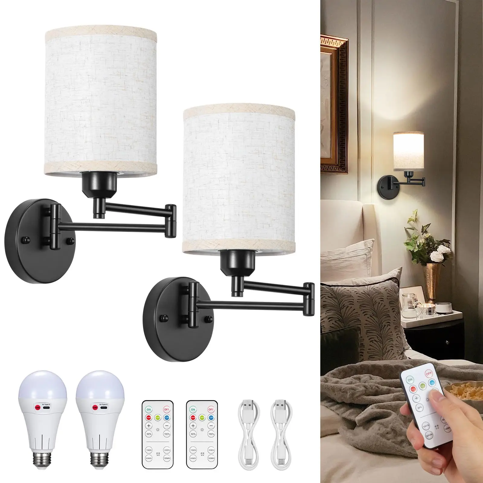 

Battery Operated Wall Sconces Set of 2 Swing Arm Wall Sconce No Wiring Dimmable Rechargeable Wireless Wall Lamp for Bedroom