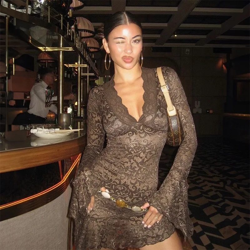 

2025New cross-border European and American solid color lace dressVLong Sleeve Bodycon Dress Sexy Slim Fit Flared Sleeve Autumn