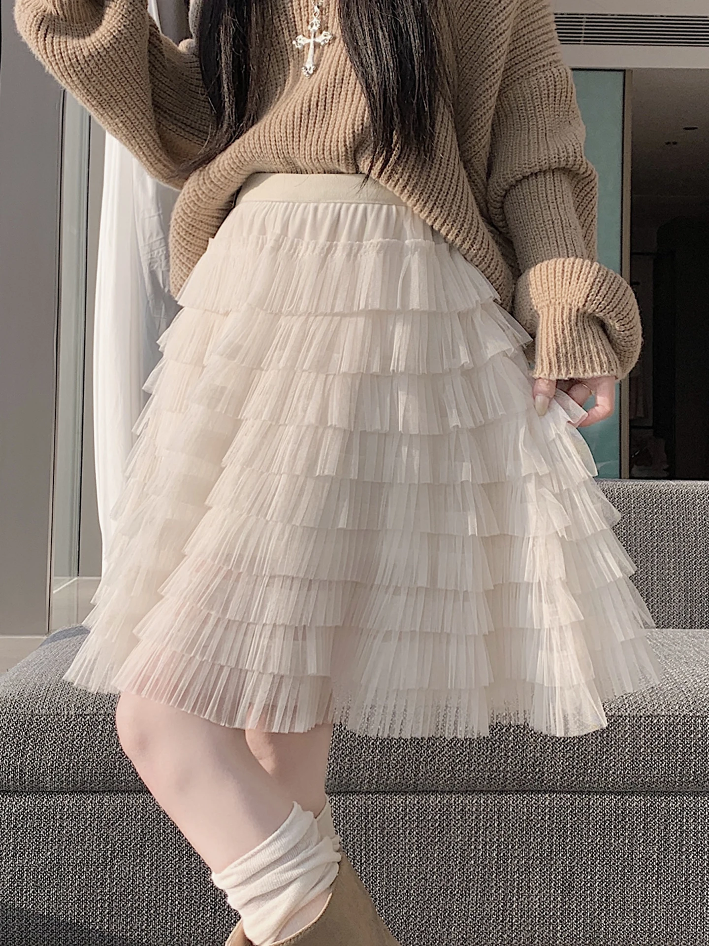 

Новая пышная юбка А-силуэта из пастельно-белой ткани для женщин, весна-осень, с эластичным поясом