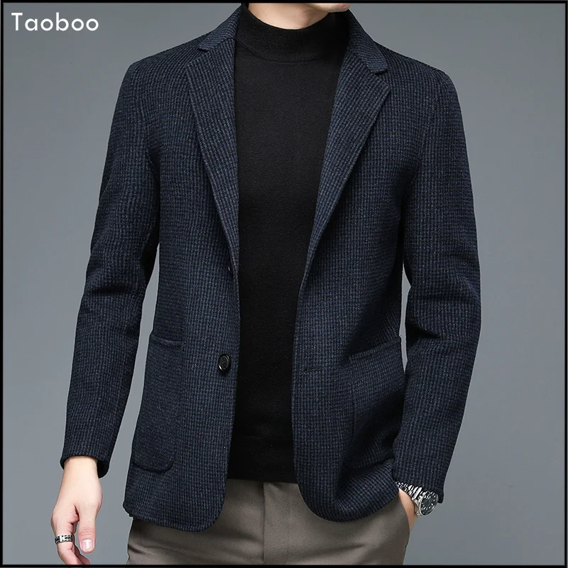 

Taoboo 2022 Luxury Classic Vintage Style Plaid Men's blazer Slim Fit Business Casual Woolen Solid Color Gentleman suits for men