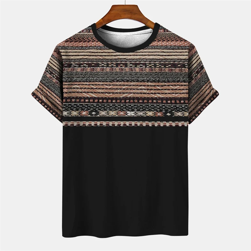 Ethnic Tribal Style T Shirt For Men Clothing Summer O Neck Vintage Traditional T-shirts Stripe Print Short-sleeve Oversized Tops