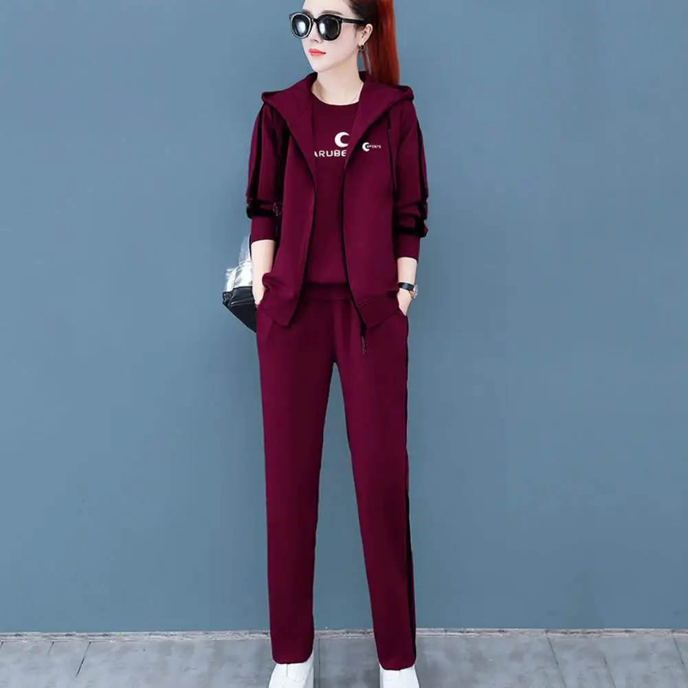 3 Pcs/Set Women Coat Top Pants Set Color Matching Soft Thick Hooded Long Sleeves Zipper Elastic Cuff Lady Spring Winter Sports S