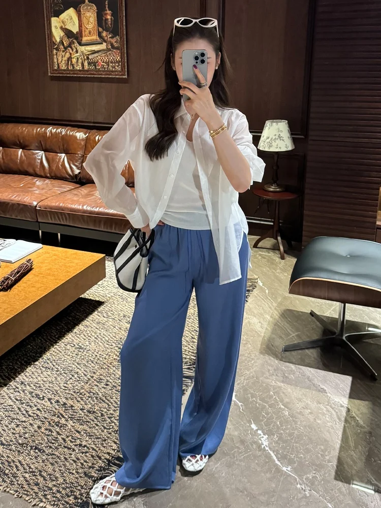 

MBNLF Summer 2025 Wide Leg Pants Wool Blend Elastic Waist Dstring Casual Trousers Women's Premium Faion