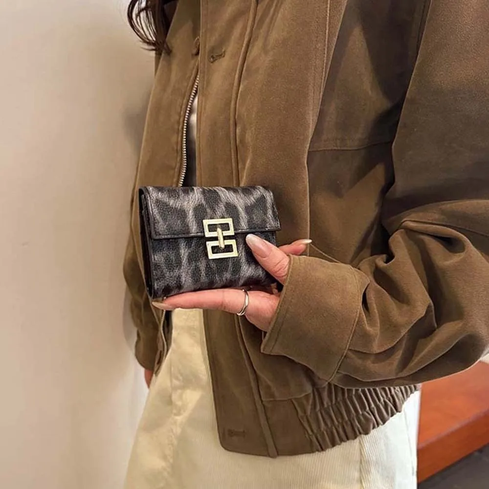 Versatile Portable Leopard Print Wallet Multiple Card Mini Short Square Purse Classic Korean Style PU Card Bag Girls