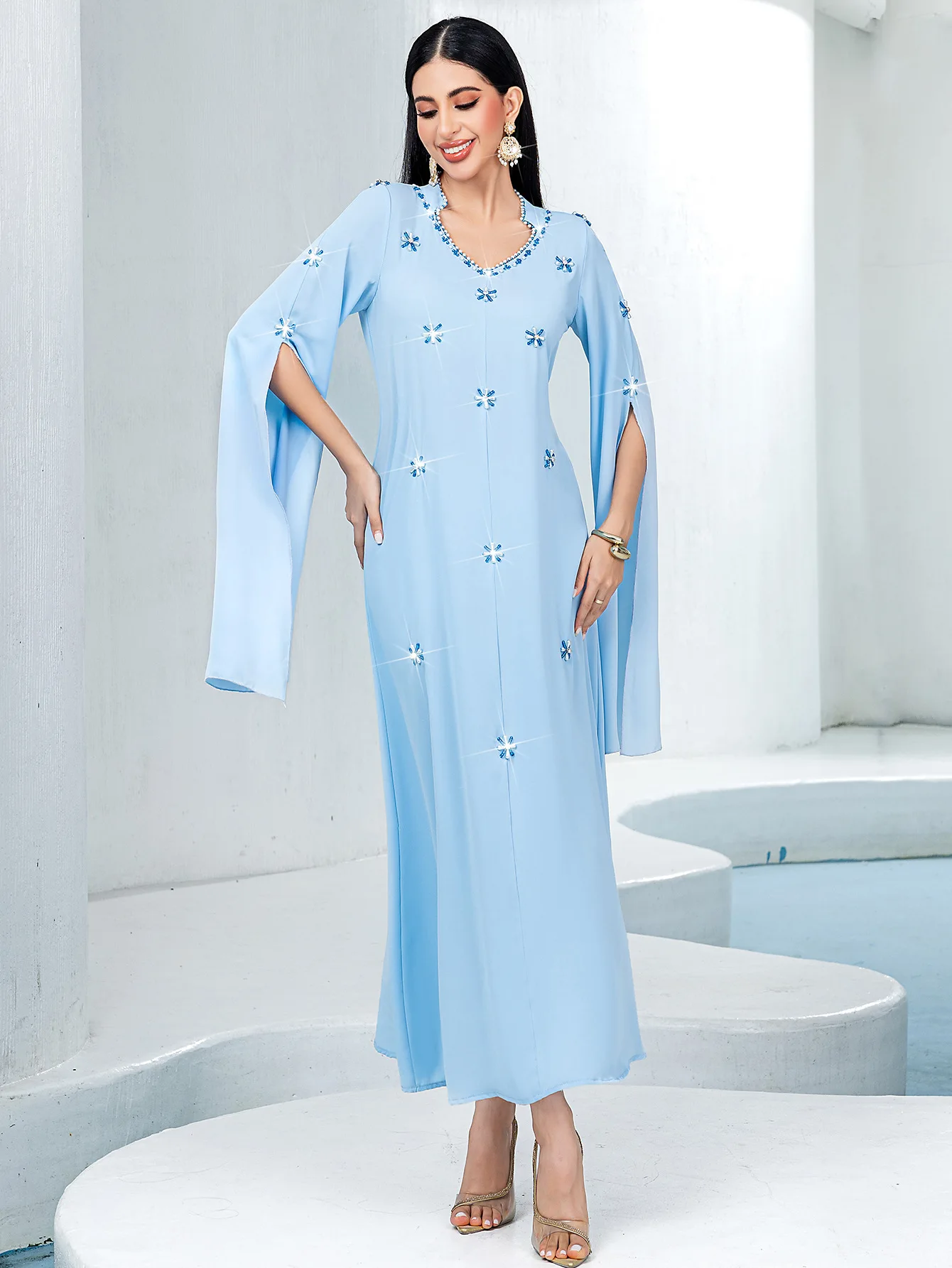 

Ramadan Islamic Muslim Arab New Light Blue Ultra Long Sleeve Hand sewn rhinestone Dress Middle Eastern Luxury Fashion Women's