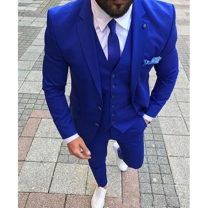 Ternos de smoking de casamento azul real magro ajuste noivo para homem 3 peças padrinhos terno masculino negócios formais (jaqueta + colete + calças)