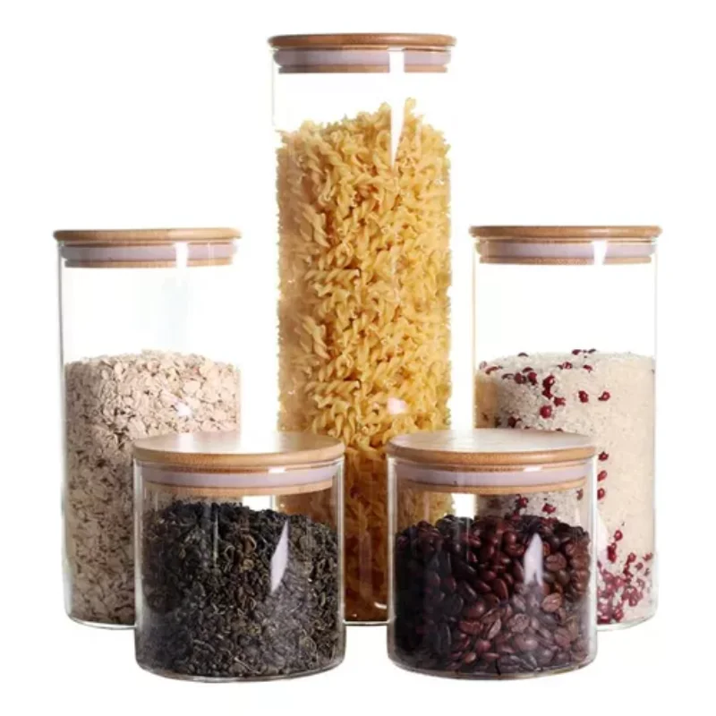 

5 sealed glass containers with bamboo and wood lids for and organization