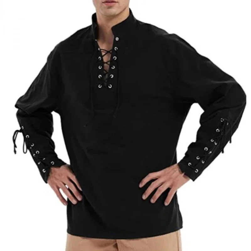 

Mens Pirate Medieval Shirts Vintage Retro Lace Up Steampunk Gothic Costume Cosplay Renaissance Victorian Halloween Top Blouse