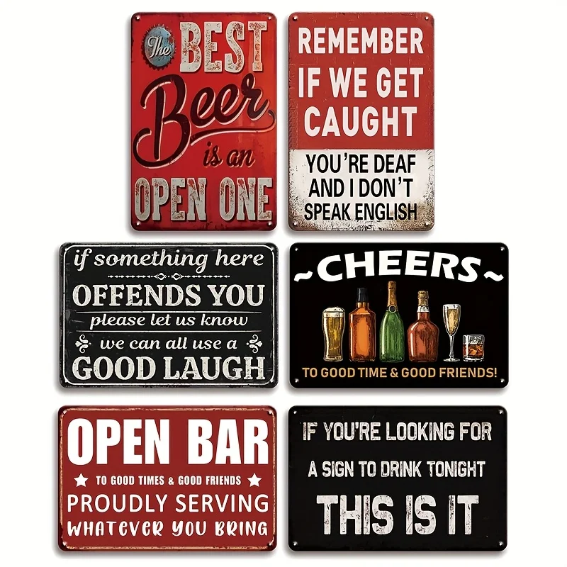 6pcs Vintage Beer Tin Sign Set - Cheers & Best Beer Metal Plaques for Cafe, Bar Decor – Retro Wall Art for Home, Pub, Shop – Funny Gift Idea for Men & Women, Perfect for Diners and Outdoor Spaces, 8×12 Inches Halloween Christmas Fall Home Décor