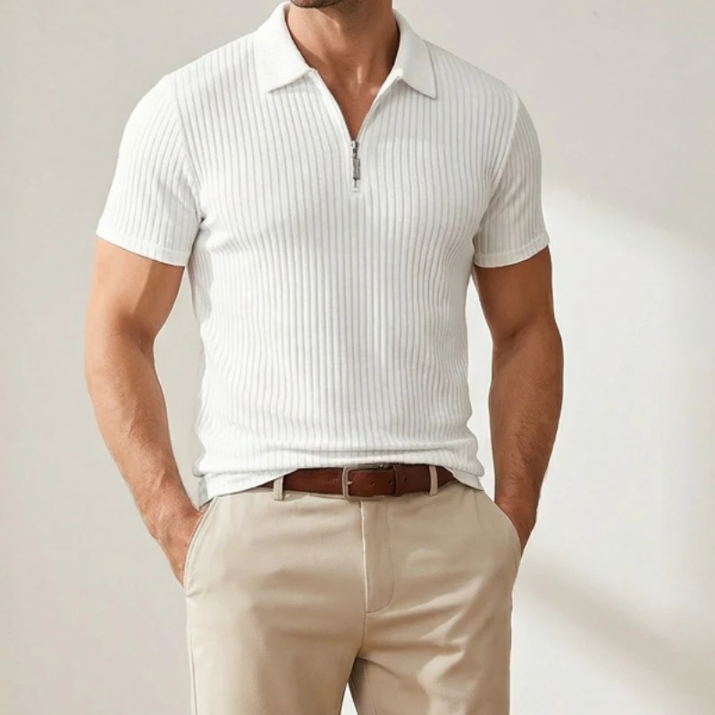 2026 Summer New Men's Knitted Polo Shirt Slim Fit and Slimming Half Zipper Short Sleeved T-shirt