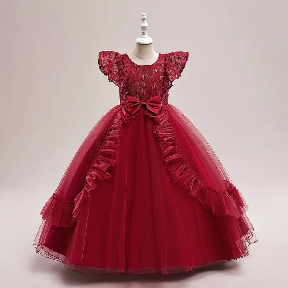 Girls White Lace Flutter Sleeve Long Formal Gown Pearl Beaded Bow Ruffle Layered Tulle Skirt Floor‑Length Kids Party Dress ASQ03