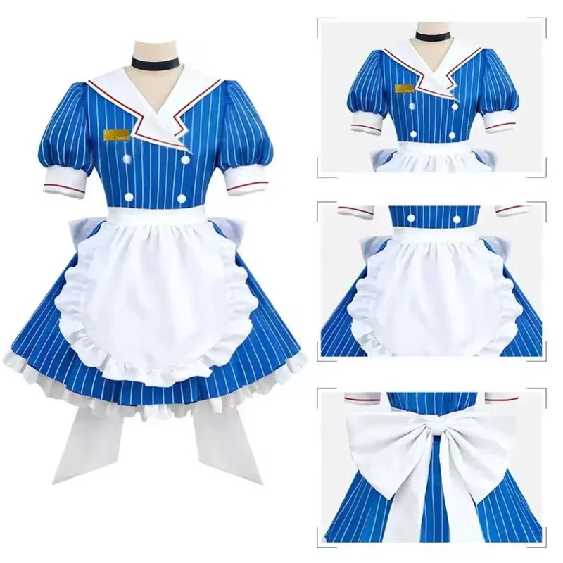 أزياء ميكو التأثيرية أزياء أنيمي mesmerizer فستان خادمة مخطط للنساء وقبعة مريلة بدلة الهالوين وأعياد الميلاد وحفلات الكرنفال