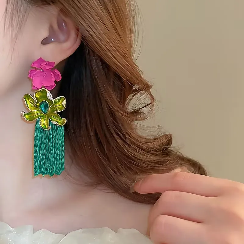 Fashionable New Flower Exaggerated Long Tassel Earrings