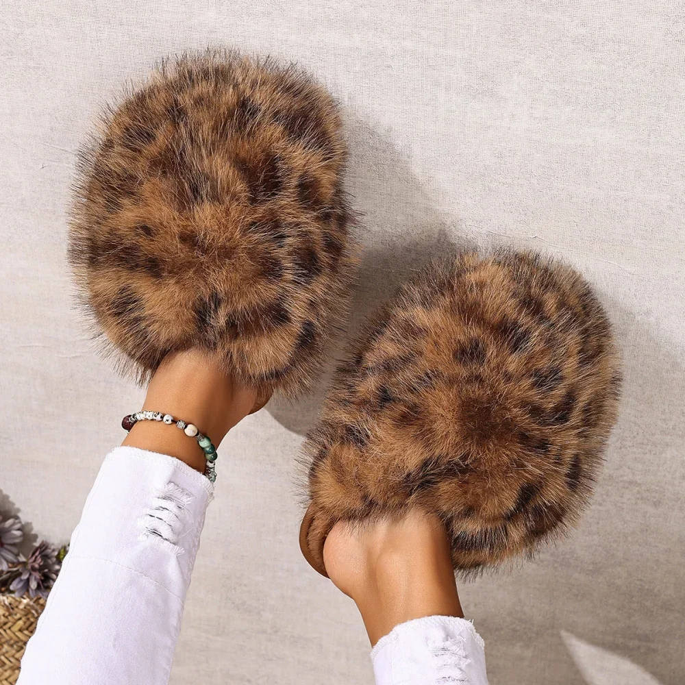Damen Warme Hausschuhe Plüsch Leopardenfell Flauschige Pantoffeln Große Größen Geschlossene Zehenpartie Flache Sandalen Weiche Bequeme Schuhe für Frauen – Detail 34