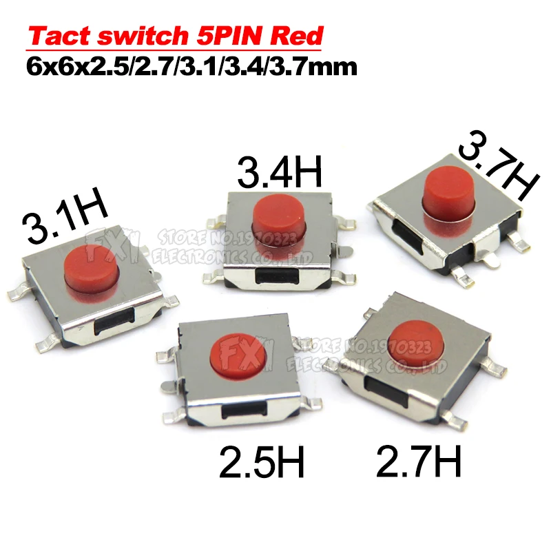 50PCS Tact switch 5PIN Red 6*6*2.5/2.7/3.1/3.4/3.7mm SMD switch 6x6x2.5/2.7/3.1/3.4/3.7mm ibuw MINI push button switch