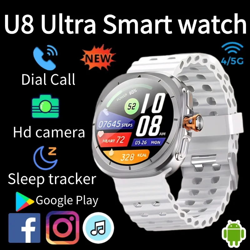

Инновационные U8 SmartWatch Ultimate 4G 5G SIM-карта Видеозвонок GPS Компас WIFI Поворотная камера Международный вызов Аккумулятор 1480 мАч