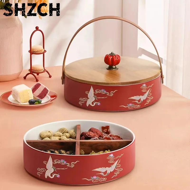 Chinese Style Candy Box, Ceramic Snack Tray for Wedding, Dry Fruit Nut Dish for Lunar New Year, Festive Home Kitchen Decor