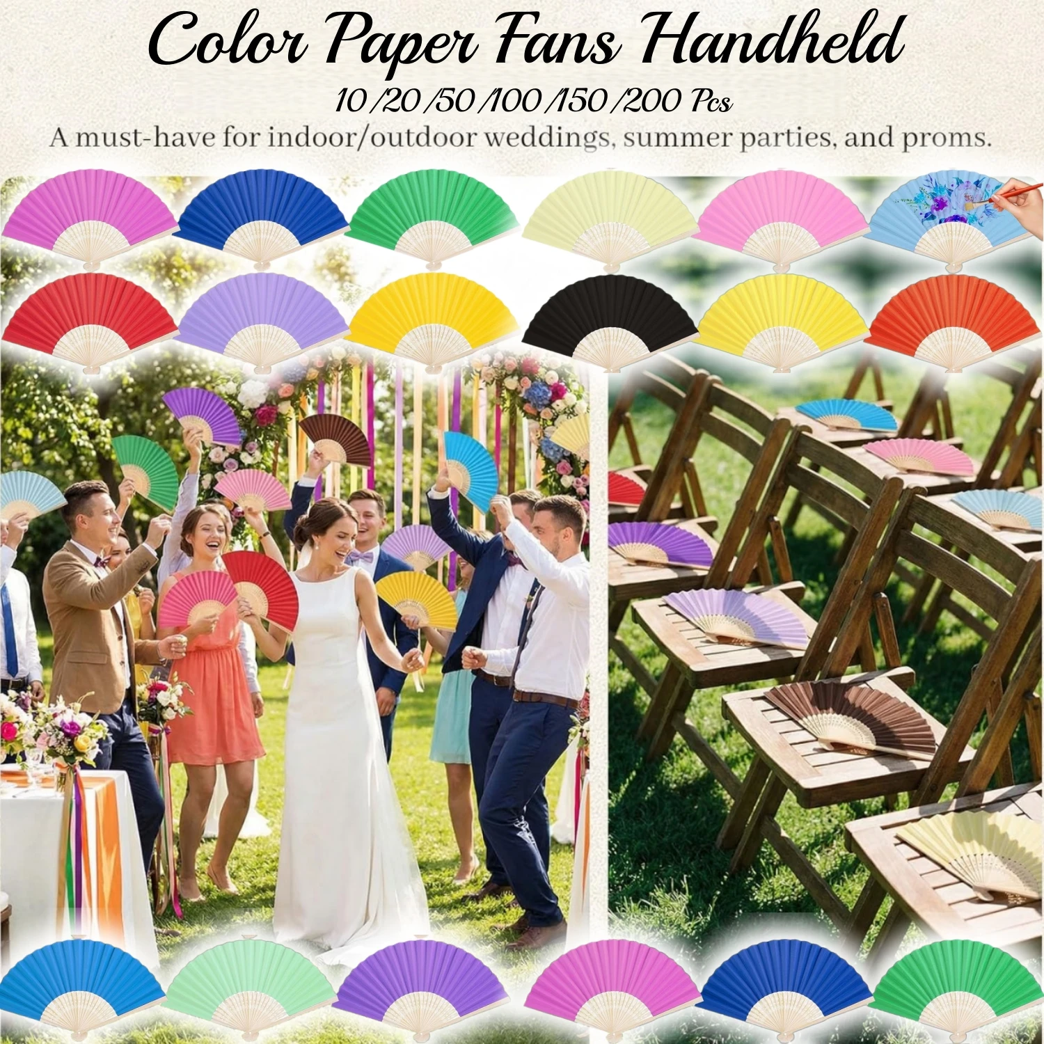 Multicolor Folding Fan Decorative Bulk Chinese Bamboo Paper Handheld Fans Foldable Japanese Church Wedding Dancing Party Favors
