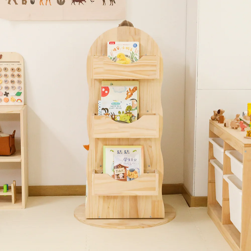 

Modern Revolving Bookcase Solid Wood and Stainless Steel Living Room Furniture for Home Use Kids Montessori BookShelf